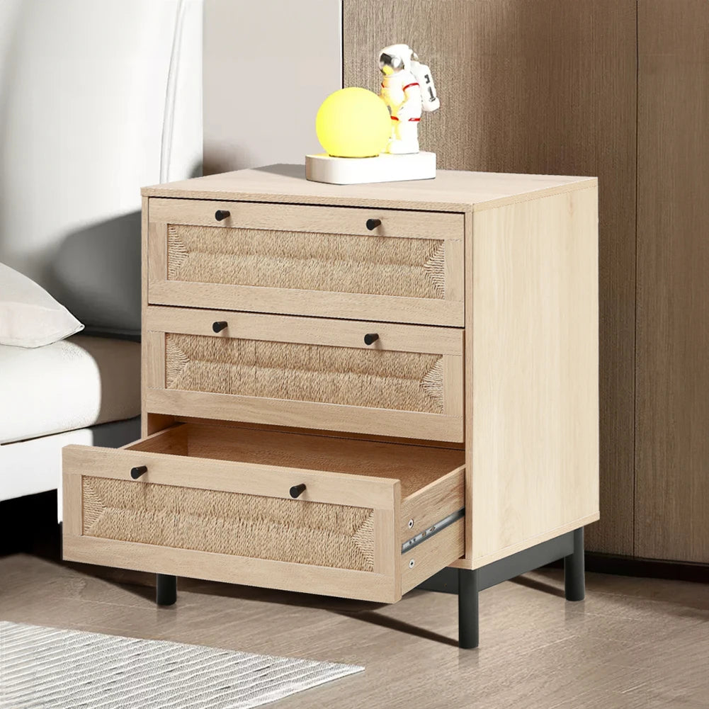 Modern Rattan Woven Living Room Side Cabinet with Drawers Decorative Cabinet Wooden Storage Cabinet Bedside Table Furniture