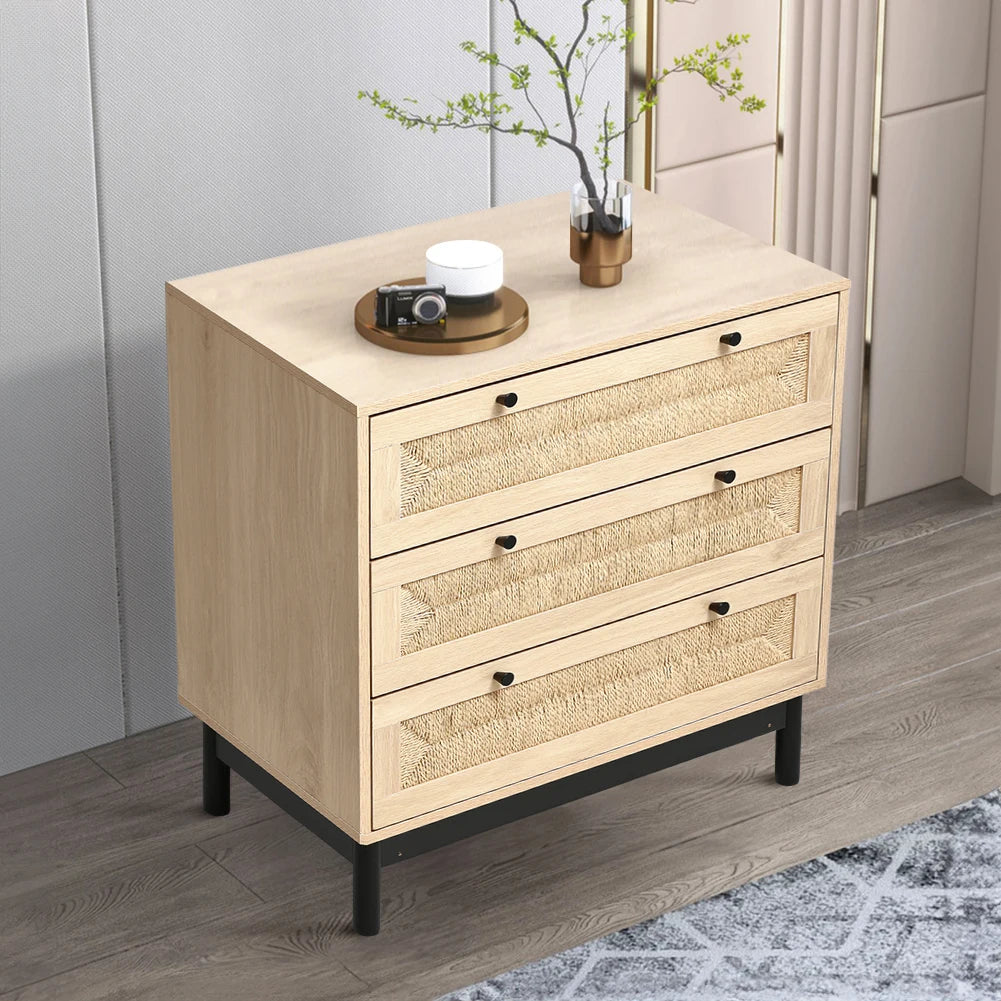 Modern Rattan Woven Living Room Side Cabinet with Drawers Decorative Cabinet Wooden Storage Cabinet Bedside Table Furniture
