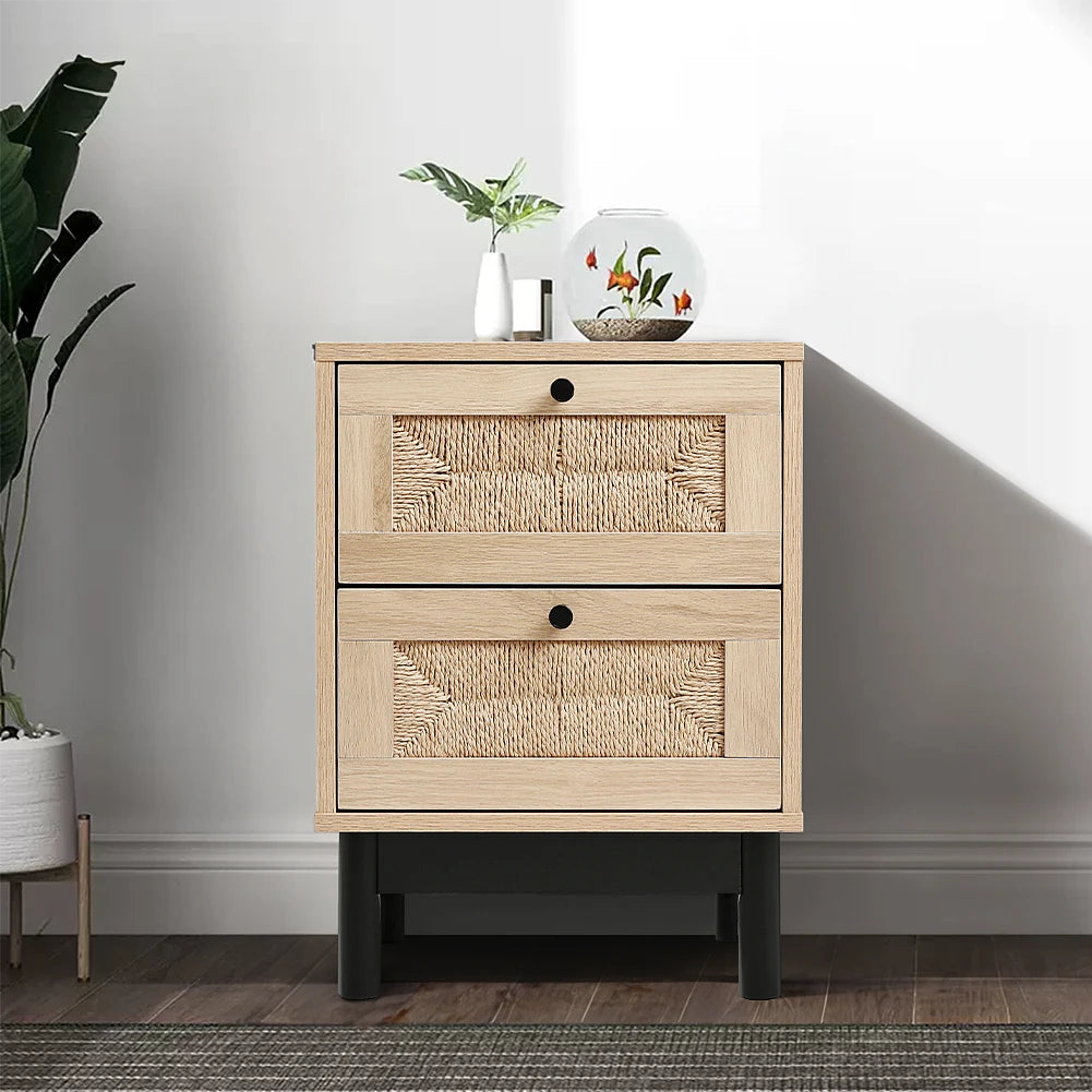 Modern Rattan Woven Living Room Side Cabinet with Drawers Decorative Cabinet Wooden Storage Cabinet Bedside Table Furniture