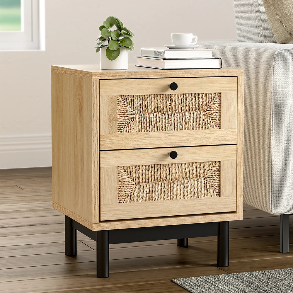 Modern Rattan Woven Living Room Side Cabinet with Drawers Decorative Cabinet Wooden Storage Cabinet Bedside Table Furniture