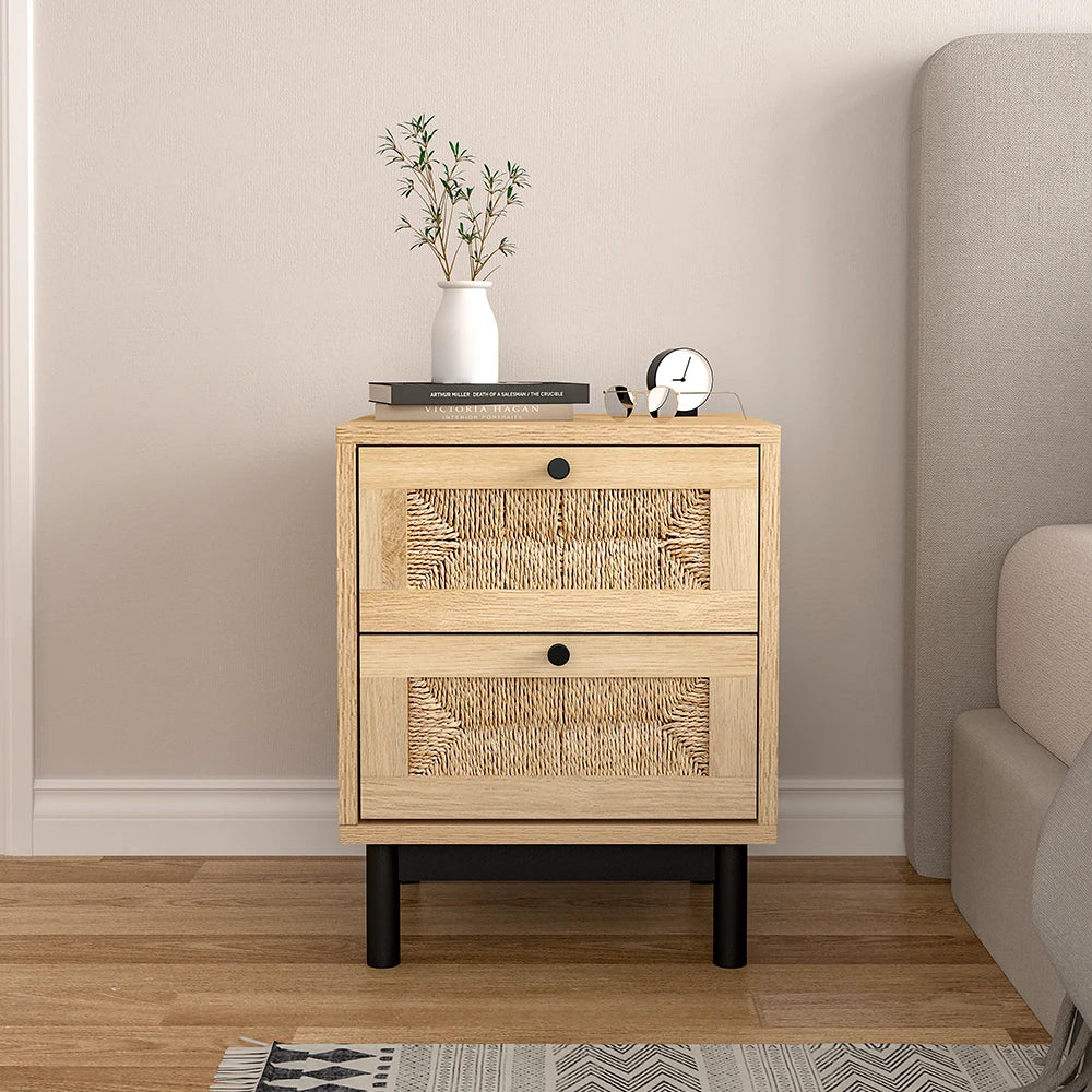Modern Rattan Woven Living Room Side Cabinet with Drawers Decorative Cabinet Wooden Storage Cabinet Bedside Table Furniture