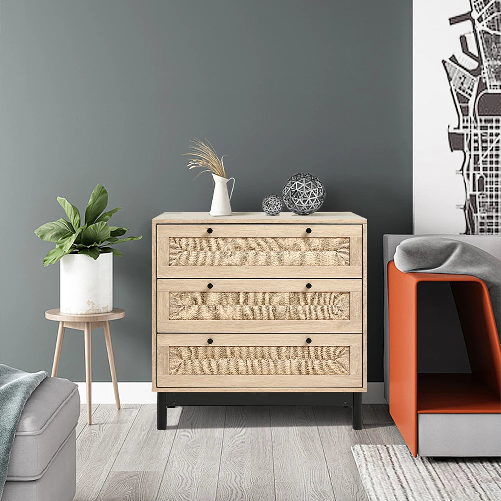 Modern Rattan Woven Living Room Side Cabinet with Drawers Decorative Cabinet Wooden Storage Cabinet Bedside Table Furniture