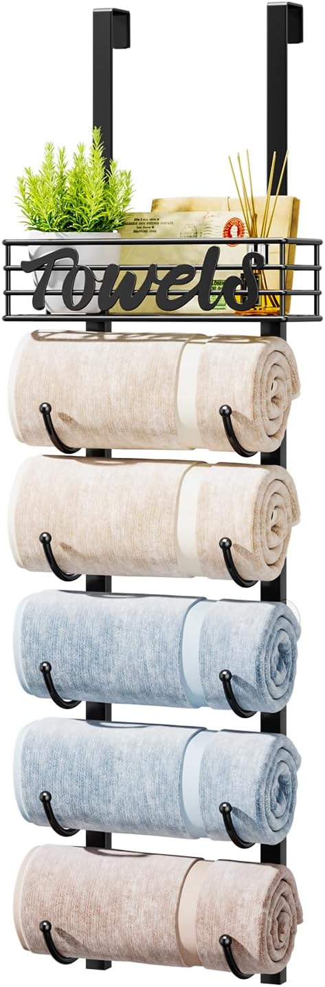over Door Towel Rack-Towel Storage Rack Wall Mounted with Metal Shelf, 6-Tier over Door Towel Rail, Towel Holder, Black
