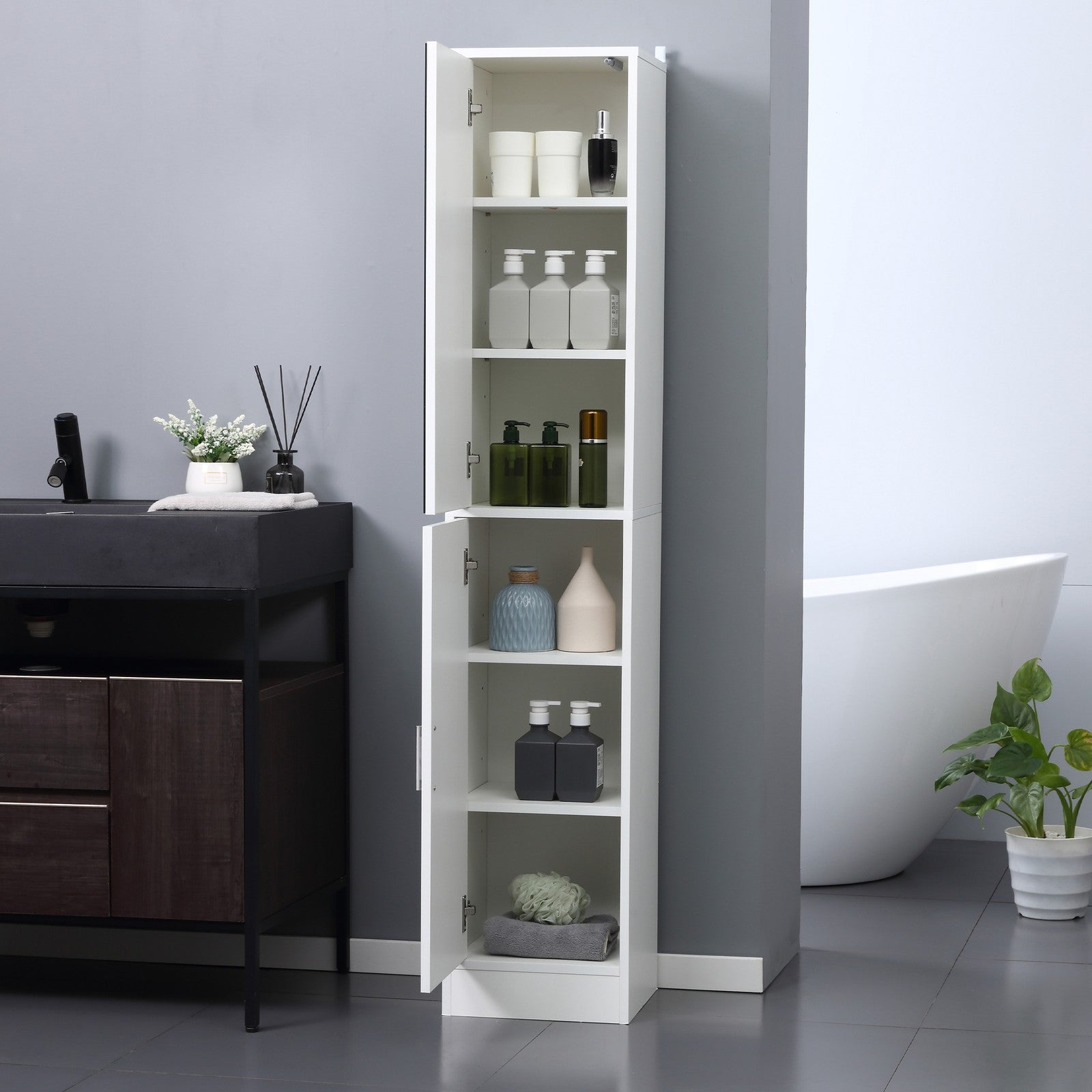 Tall Mirrored Bathroom Cabinet Bathroom Storage Cupboard Tallboy Unit White